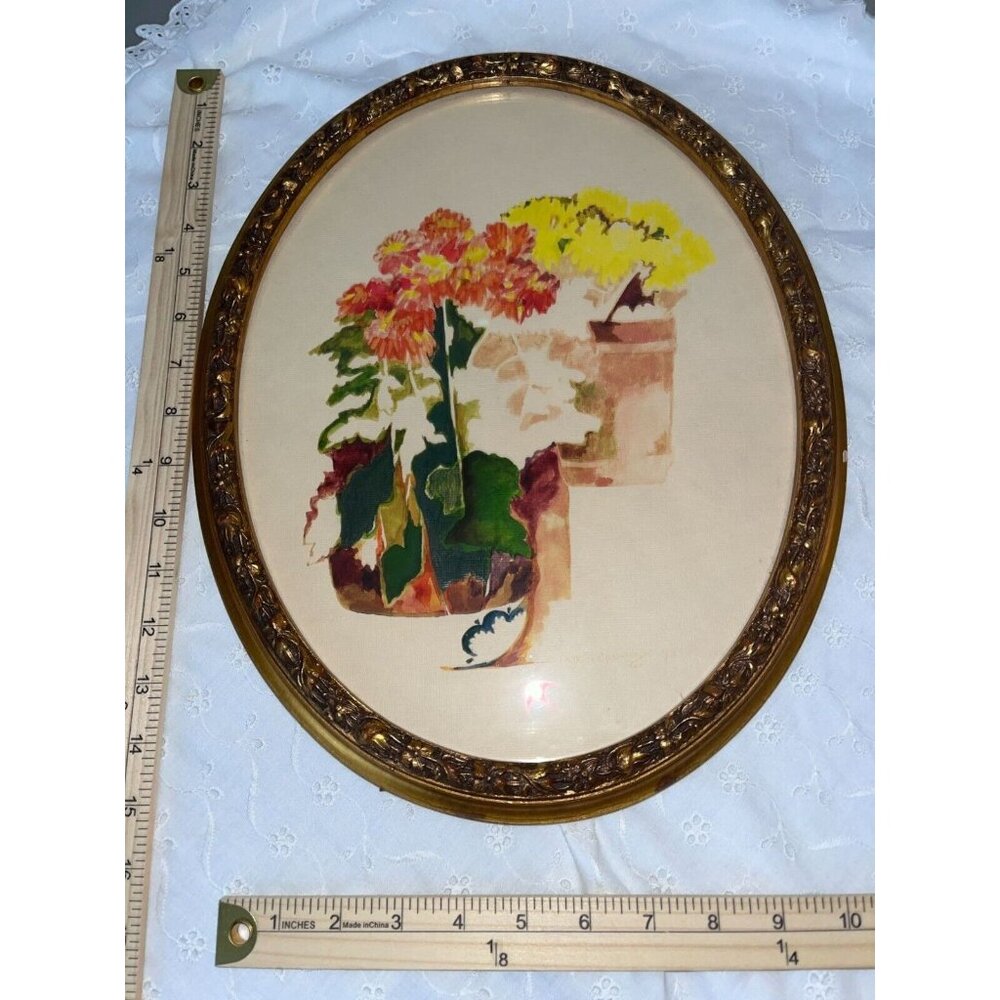 Vintage Oval Floral Watercolor Flower Pots on Steps  In Ornate Gold Frame